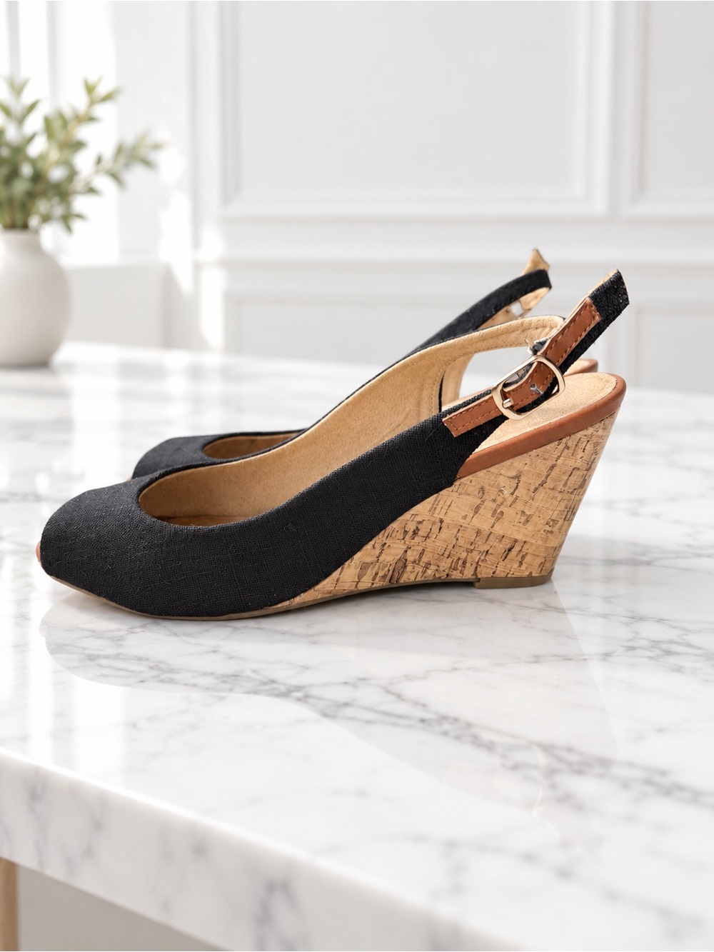 Call it Spring Classic Black Cork Wedge Slingback Pumps